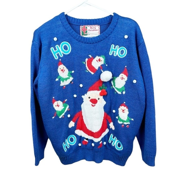Blue Embroidered Ho Ho Ho Ugly Merry Christmas Sweater Size Large - Picture 1 of 6